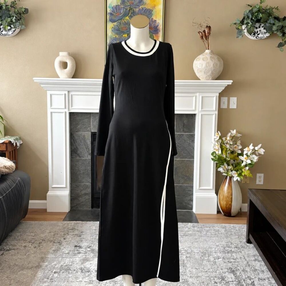 Wenrine Black Maxi Dress White Contrast Trim Long Sleeve Size Small